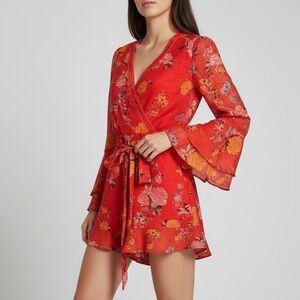 $180 Finders Keepers women’s Deep Orange Floral Wrap Boho Romper Resortwear Sz S